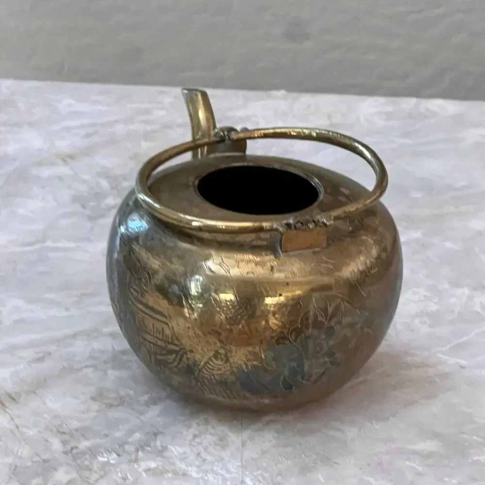 Antique Chinese Brass Engraved Teapot With Etched Designs Without Lid